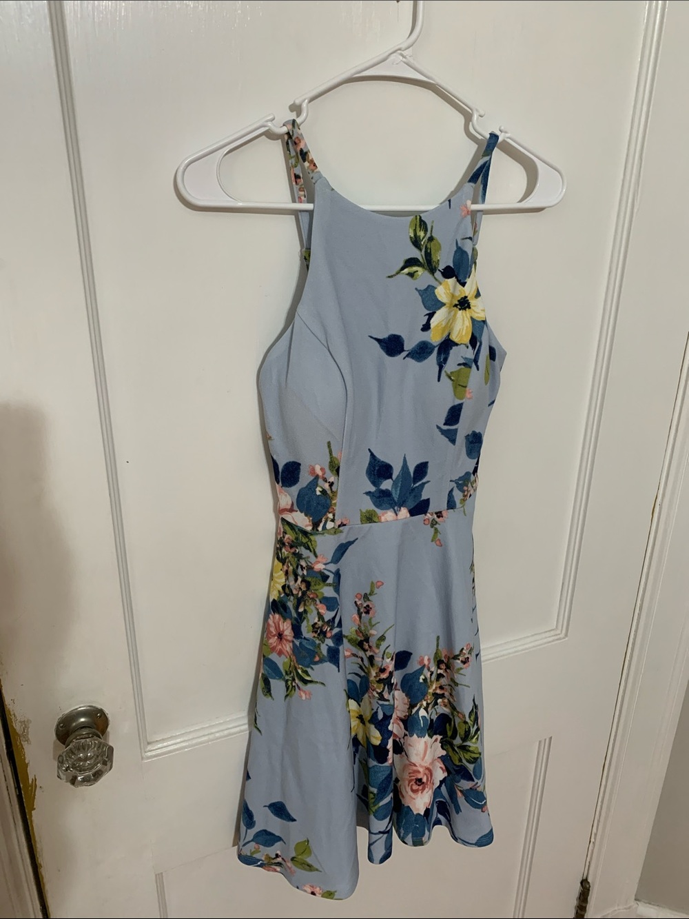 Xtraordinary Light Blue Floral Halter Mini Dress